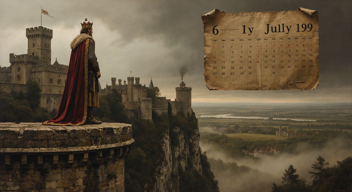 A medieval English king in regal attire stands atop a castle, gazing at a distant horizon where a faded calendar page marked "6 July 1189" dissolves into mist.