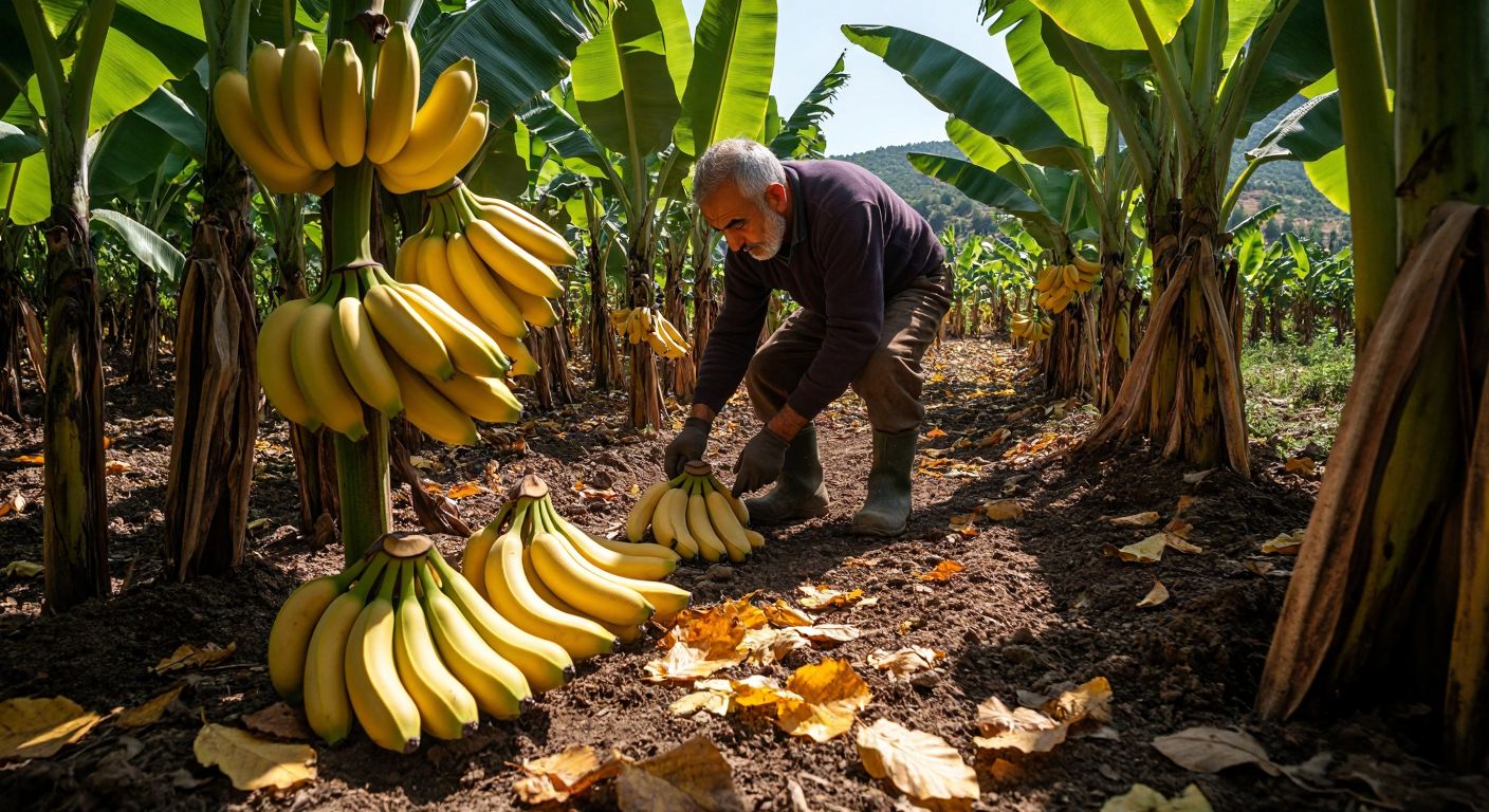 A Turkish farmer in a sunlit banana grove carefully harvesting bunches of short, plump bananas, with autumn leaves scattered on the fertile soil.