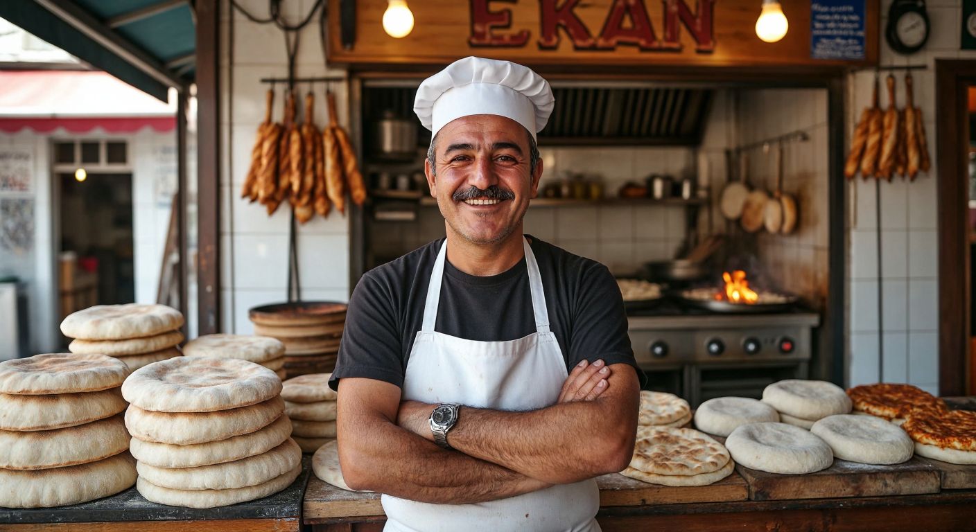 A middle-aged Turkish man with a warm smile, wearing a white apron and a traditional chef's hat, stands proudly in front of a small, bustling dürüm shop with a wood-fired grill and stacks of fresh lavash bread.
