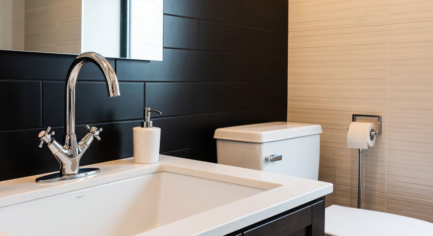A sleek chrome faucet with dual handles for hot and cold water mounted on a kitchen sink contrasts with a tall, narrow bidet sprayer attached to a white porcelain toilet in a tiled bathroom.