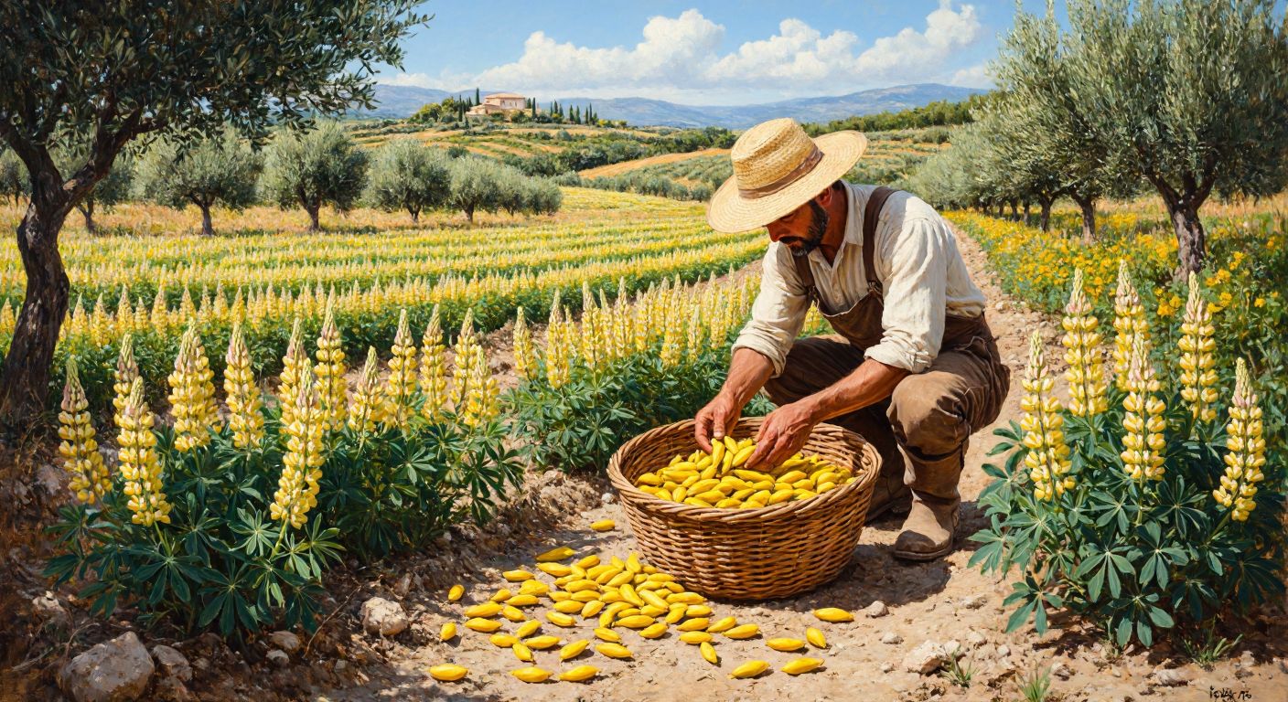 A sunlit Mediterranean field with rows of lush lupin plants, where a farmer in a wide-brimmed hat carefully harvests bright yellow termiye pods into a woven basket, surrounded by dry, rocky soil and distant olive trees.