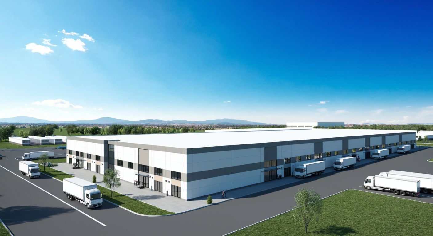A modern industrial building with a clean facade, set in the organized industrial zone of Manisa, surrounded by neatly arranged warehouses and parked delivery trucks under a bright blue sky.