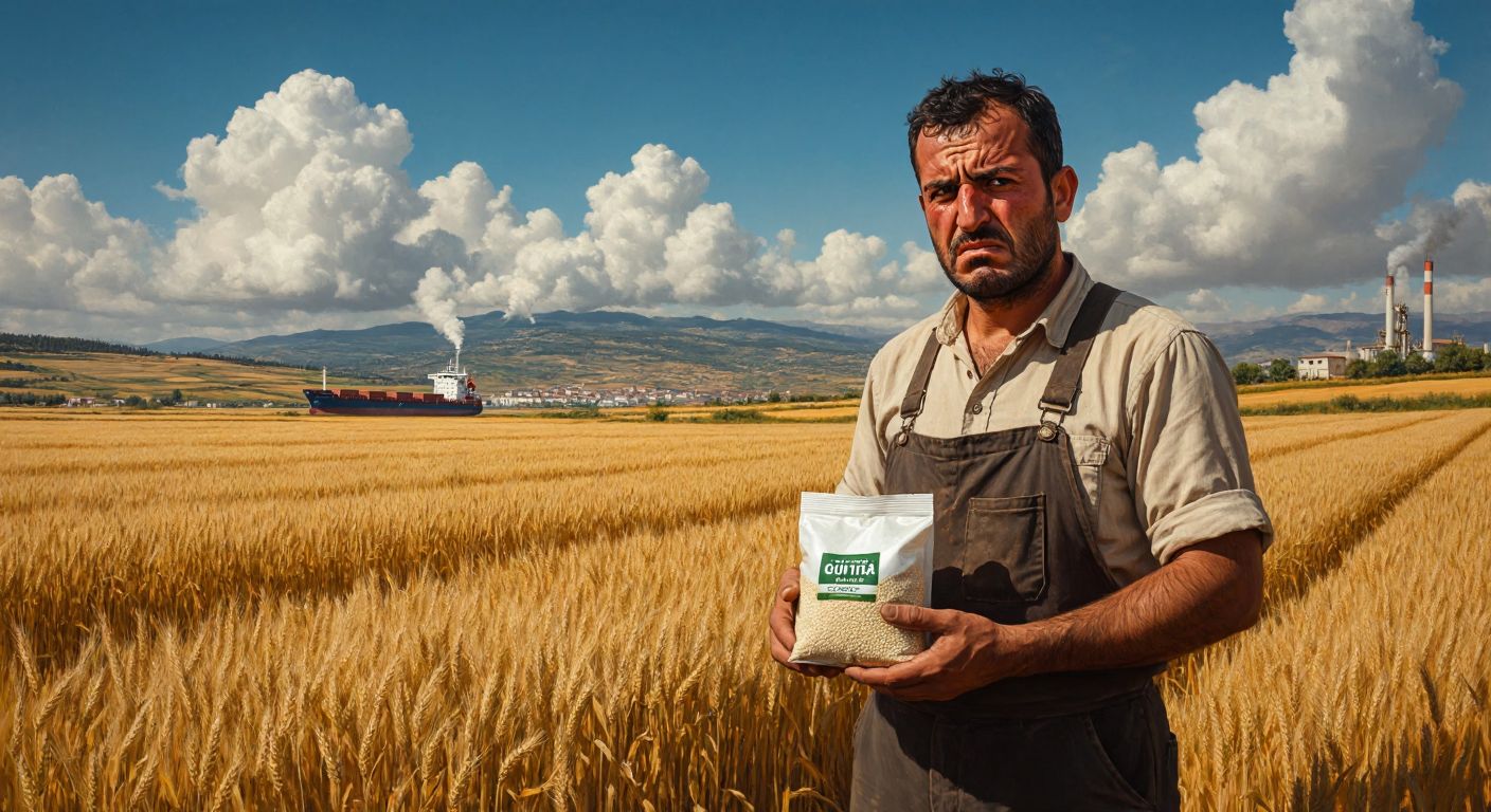 A Turkish farmer frowning while holding a small bag of urea fertilizer, standing in a sun-scorched wheat field with a cargo ship and gas pipeline faintly visible in the distant background.