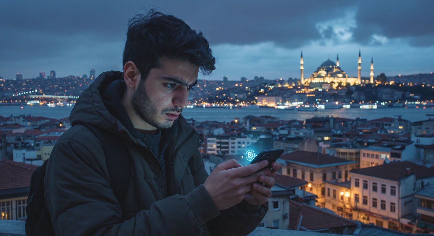 A person in Istanbul holding a smartphone with a cityscape backdrop, looking slightly confused while searching for contact information, with a faint glow of a computer screen displaying the İBB website in the background.