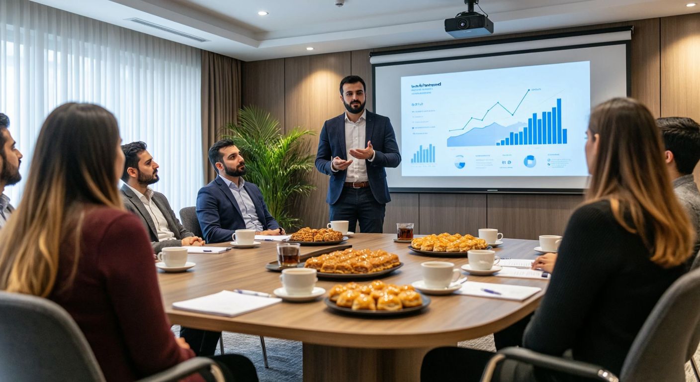 A well-lit conference room in Turkey with a diverse group of attentive small business owners, dressed in smart-casual attire, listening to a presenter pointing at a projection screen displaying abstract business growth visuals, surrounded by notepads, Turkish coffee cups, and a tray of baklava on a side table.
