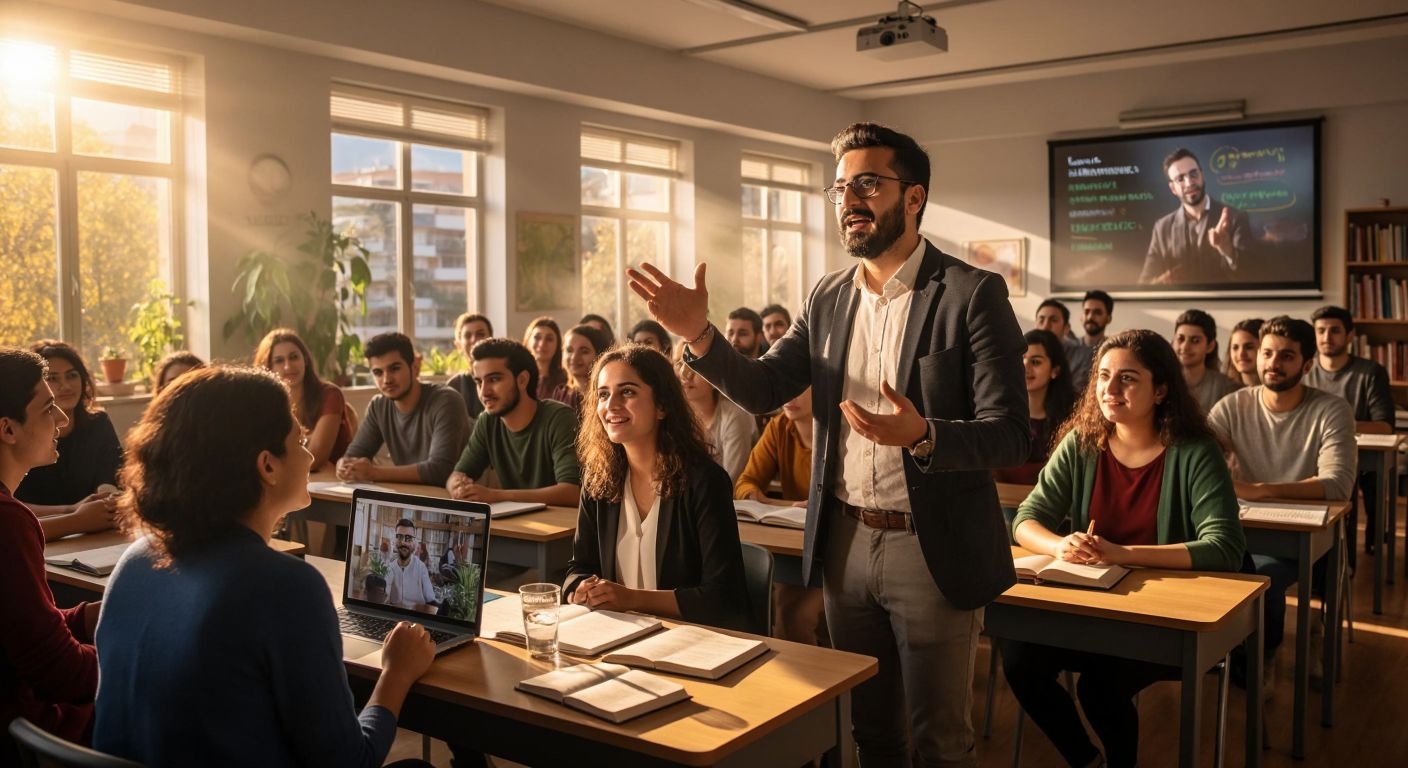 A modern, sunlit classroom in İzmir with diverse students attentively watching a Turkish professor gesture enthusiastically while a laptop displays an online lecture.