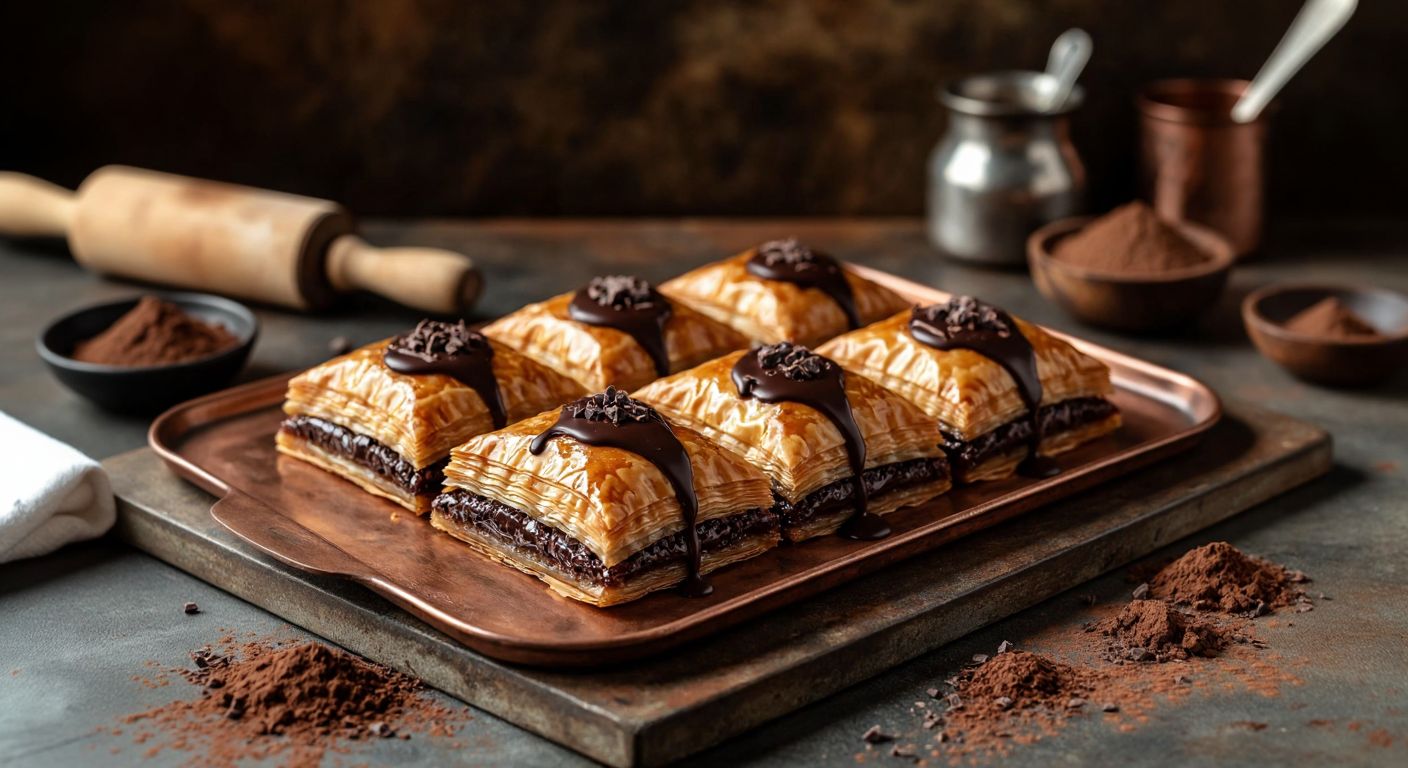 A warm Turkish kitchen with golden-brown chocolate baklava fresh from the oven, layered with thin pastry and melted chocolate, drizzled with syrup, resting on a copper tray beside scattered cocoa powder and a rolling pin.