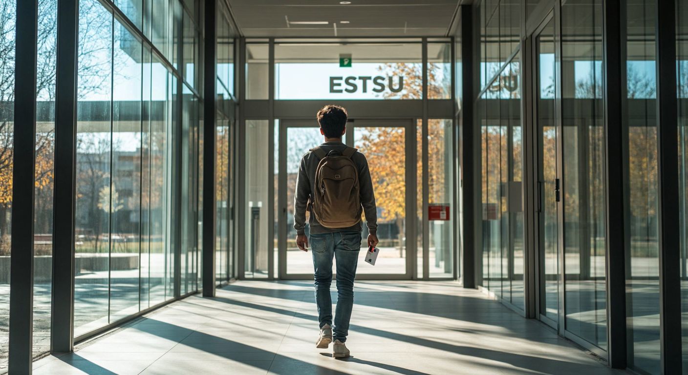 A young student in a modern university campus in Eskişehir, wearing a backpack, confidently walking toward a glass entrance door with the ESTÜ logo subtly reflected in sunlight, holding a student ID card.