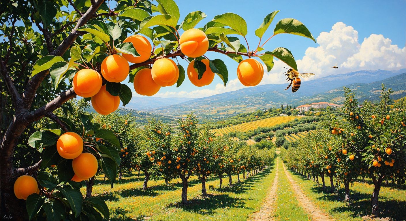 A sunlit Turkish orchard with ripe, golden **Şekerpare** apricots glistening on a branch, their sweet aroma attracting a buzzing honeybee.