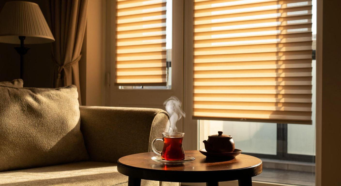 A cozy Turkish living room with honeycomb blinds filtering soft sunlight, a steaming cup of çay on the table, and a warm, insulated ambiance.