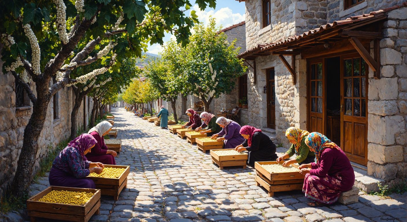 A sunlit cobblestone street in Bergama, lined with white mulberry trees, where elderly women in colorful headscarves carefully tend to silkworms in wooden trays outside traditional stone houses.