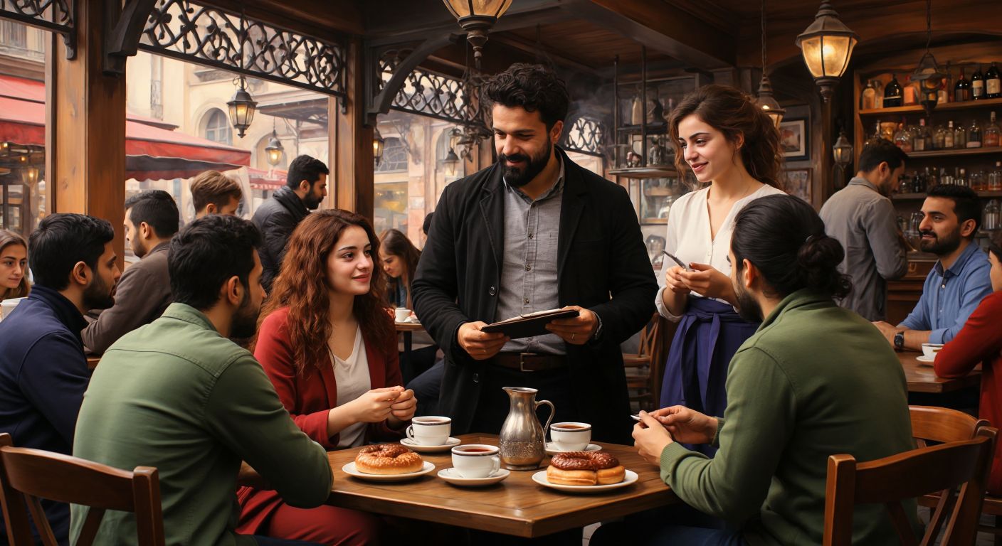 A diverse group of people in a Turkish café animatedly discussing, with a sociologist observing their interactions while holding a notebook, surrounded by steaming cups of çay and plates of simit.