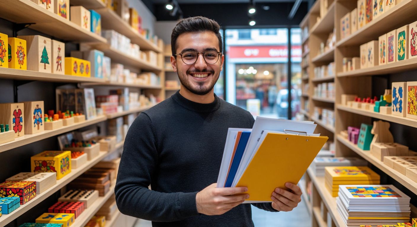 A cheerful entrepreneur in a bright Istanbul storefront arranging colorful wooden puzzles and strategy games on shelves, while holding a stack of official documents with a determined smile.
