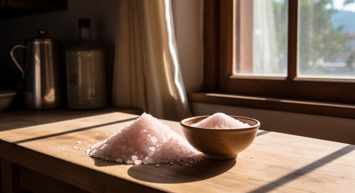 A wooden table in a Turkish kitchen holds a small bowl of clear sole saltwater beside a pile of pinkish rock salt crystals, with sunlight streaming through a window.