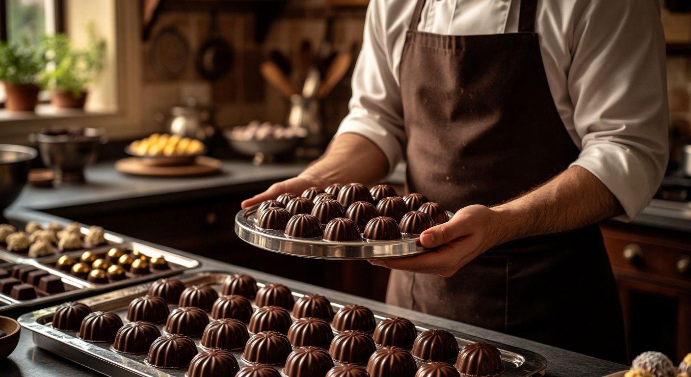 A Turkish chocolatier in a cozy kitchen proudly holding a shiny metal chocolate mold with intricate floral patterns, surrounded by trays of freshly made chocolates and warm golden light.