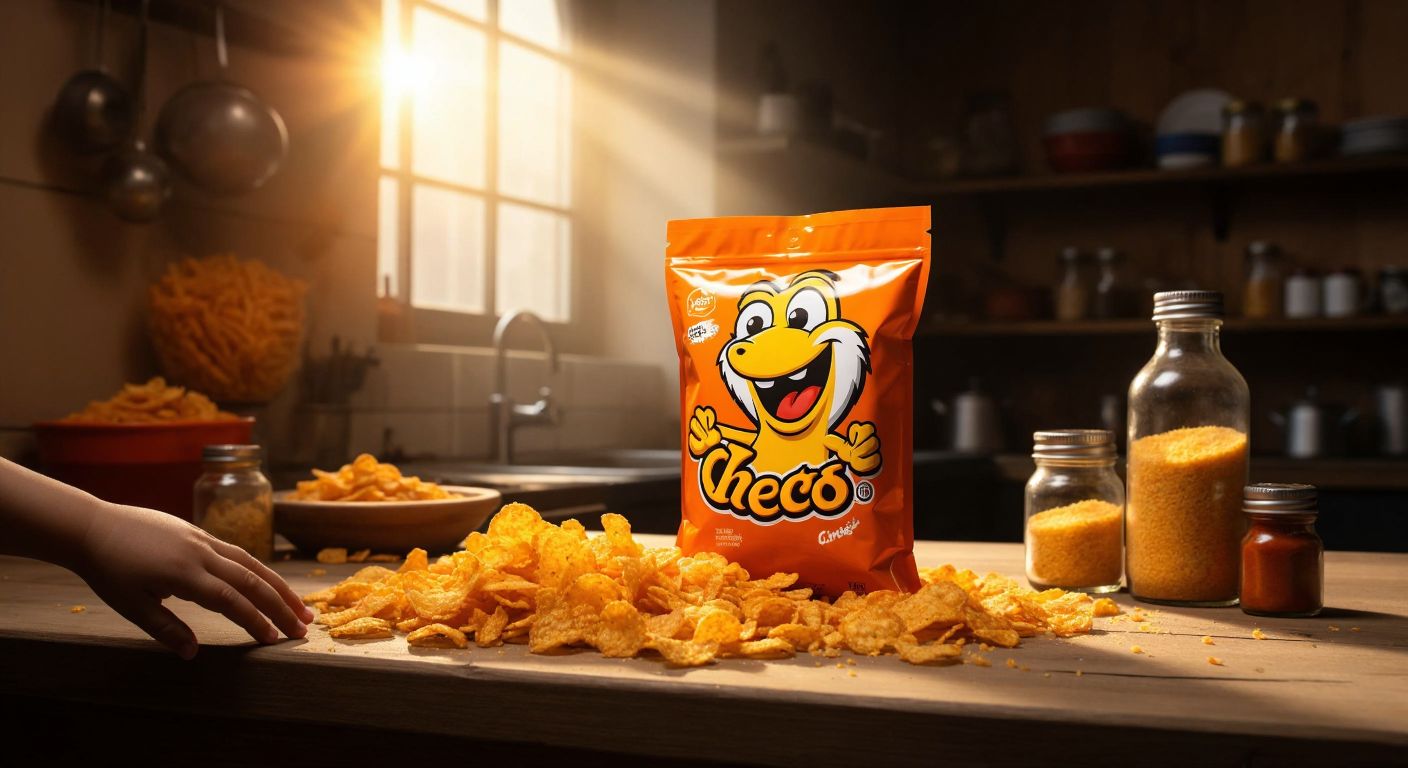 A bright orange bag of Cheetos chips sits on a wooden table in a Turkish kitchen, surrounded by scattered cornmeal, canola oil, and spice jars, with a curious hand reaching toward the bag.