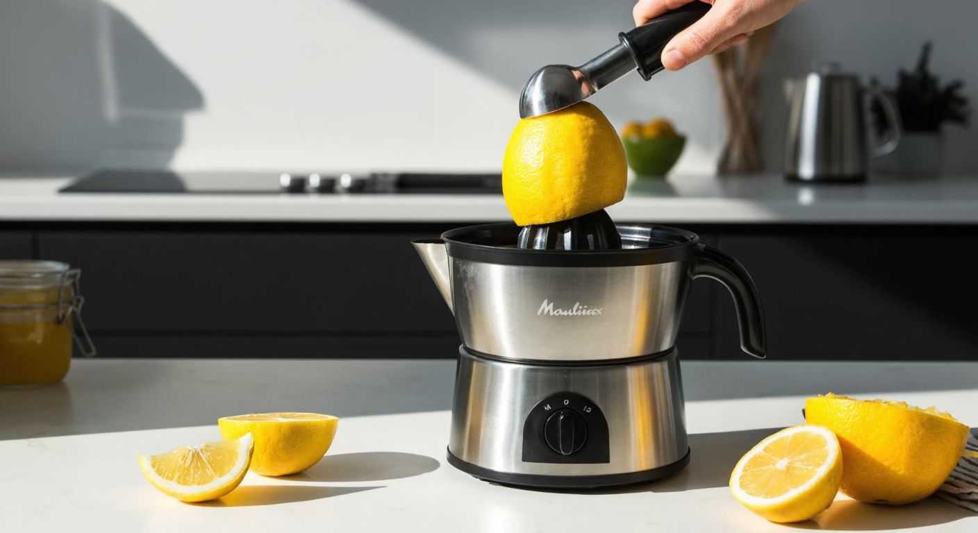 A vibrant yellow lemon being squeezed by a sleek Moulinex juicer on a sunlit kitchen counter in Turkey, with fresh citrus slices scattered nearby.