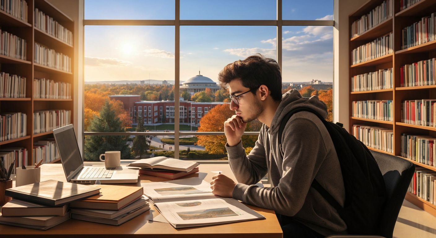 A young Turkish student in a university library, thoughtfully comparing multiple ranking charts spread on a wooden table, with iconic campus buildings like Hacettepe and ODTÜ faintly visible through the window.