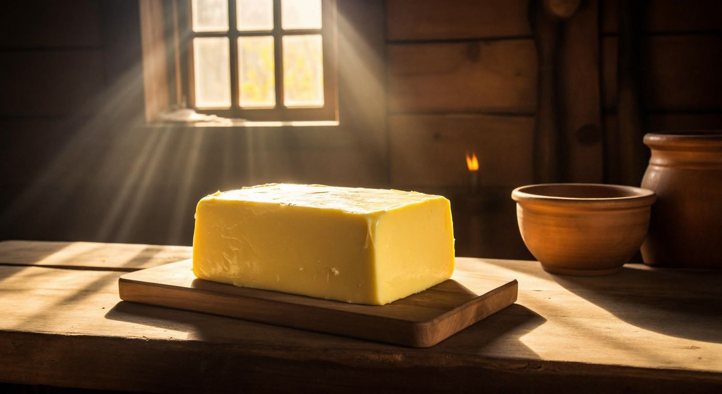 A golden-yellow block of clarified butter resting on a rustic wooden table in a traditional Kars farmhouse, with a warm, inviting glow from sunlight streaming through a nearby window.