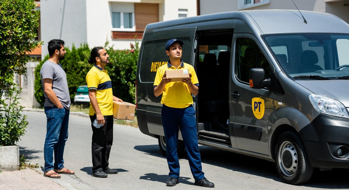 A person in a PTT uniform stands beside a parked delivery van, holding a package with a curious expression, while another person in casual clothing looks on with anticipation in a Turkish neighborhood.