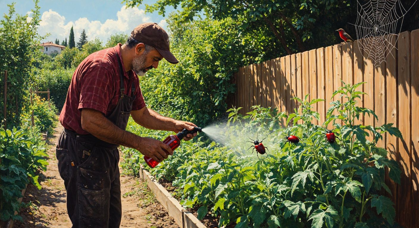 A Turkish gardener in a sunlit vegetable patch carefully sprays neem oil on vibrant green leaves while red Japanese beetles crawl nearby, with a spiderweb glistening in the corner and a small bird perched on a wooden fence.