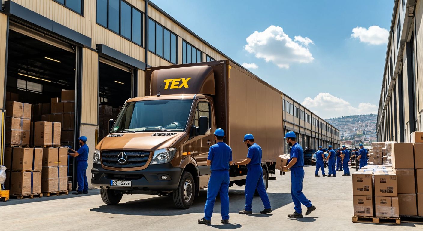 A sturdy brown delivery truck with the Tex logo parked outside a bustling Turkish warehouse, surrounded by workers in blue uniforms loading packages under a bright sun.