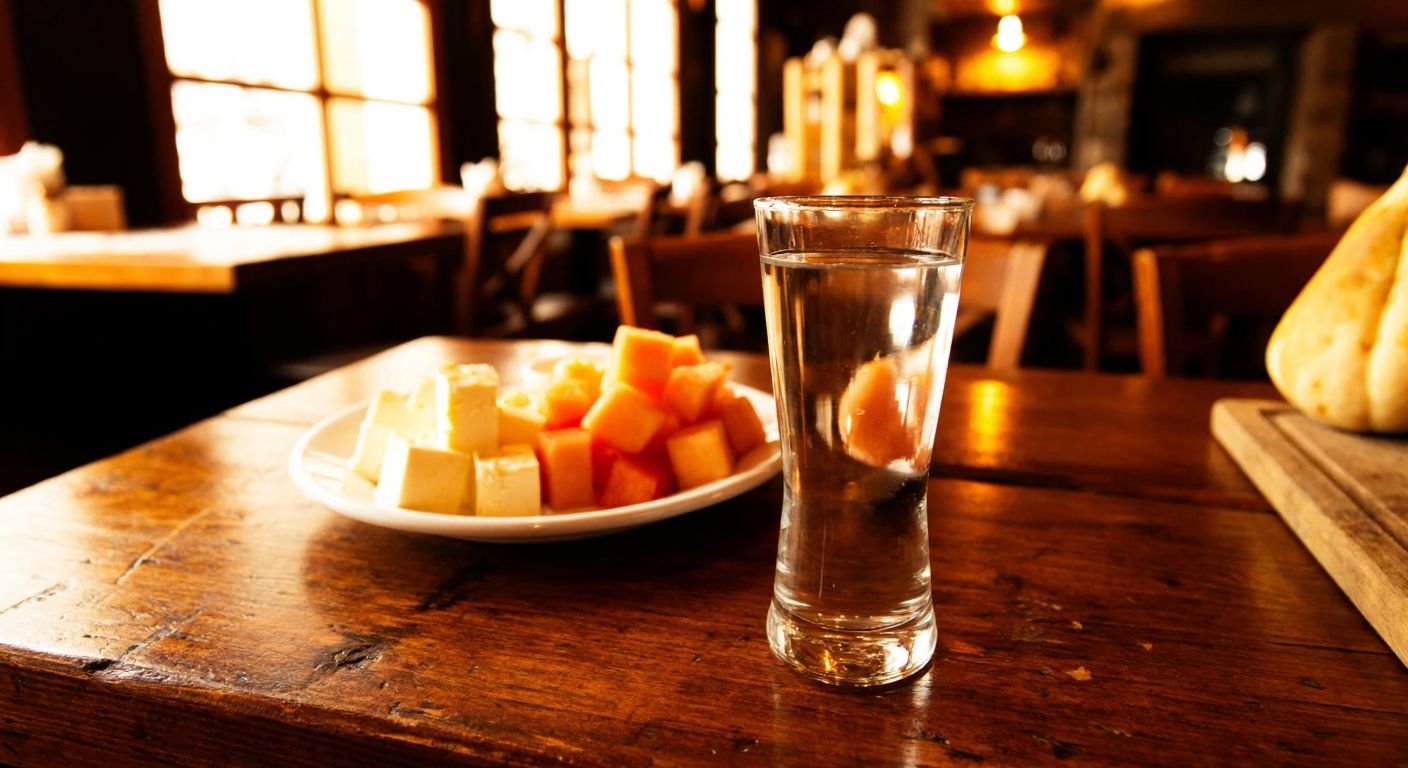 A rustic wooden table in a cozy Turkish tavern, with a clear glass of mastika rakı next to a small plate of white cheese and melon, under warm golden lighting.