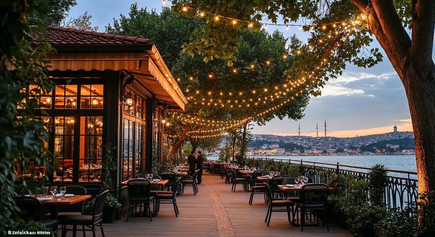 A cozy, upscale restaurant nestled in a lush green park in Istanbul’s Beşiktaş district, with elegant outdoor seating overlooking the Bosphorus, where well-dressed diners enjoy Turkish cuisine under string lights.