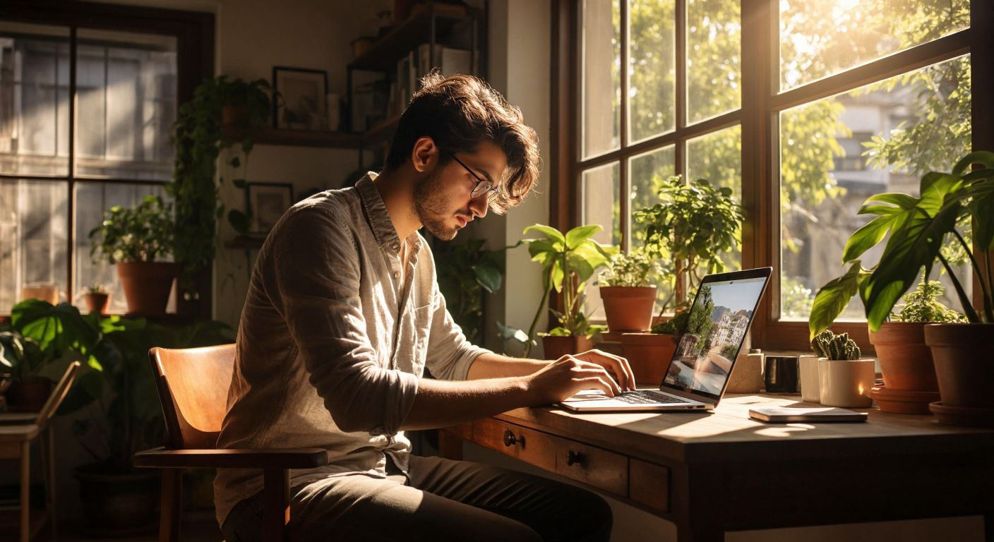 A young Turkish professional sitting at a wooden desk in a sunlit room, adjusting the distance of their laptop screen to an arm's length while squinting slightly to focus.