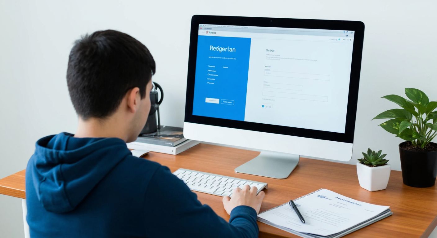 A young student in Turkey sits at a wooden desk, focused on a computer screen displaying a registration form, with a neatly arranged stack of documents and a small potted plant beside the keyboard.