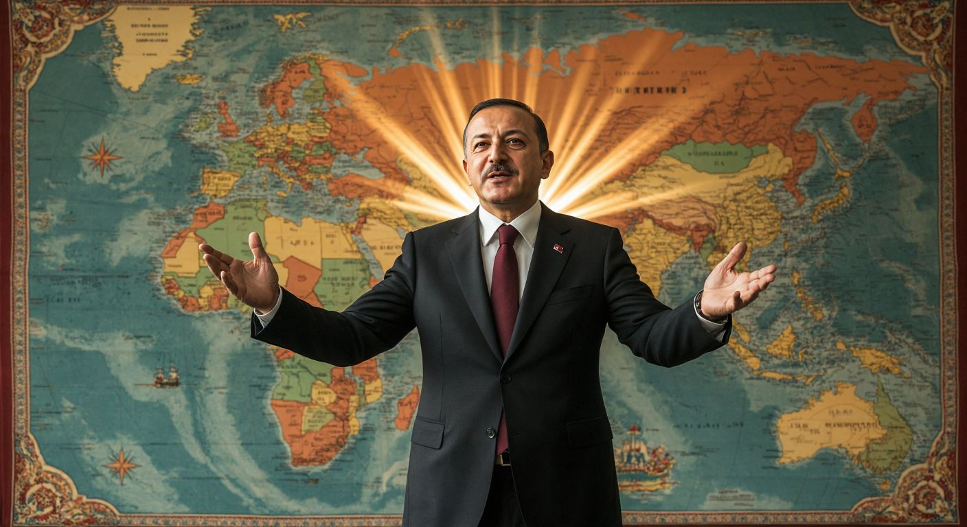 A confident Turkish statesman in a formal suit stands before a grand map of Turkey, gesturing assertively toward its central position between East and West, with rays of light radiating outward to symbolize strategic autonomy and geopolitical influence.