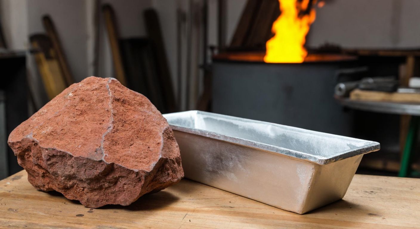 A rugged, reddish-brown bauxite rock sits beside a shiny, silver aluminum ingot on a wooden table in a Turkish workshop, with mining tools and a glowing furnace in the background.