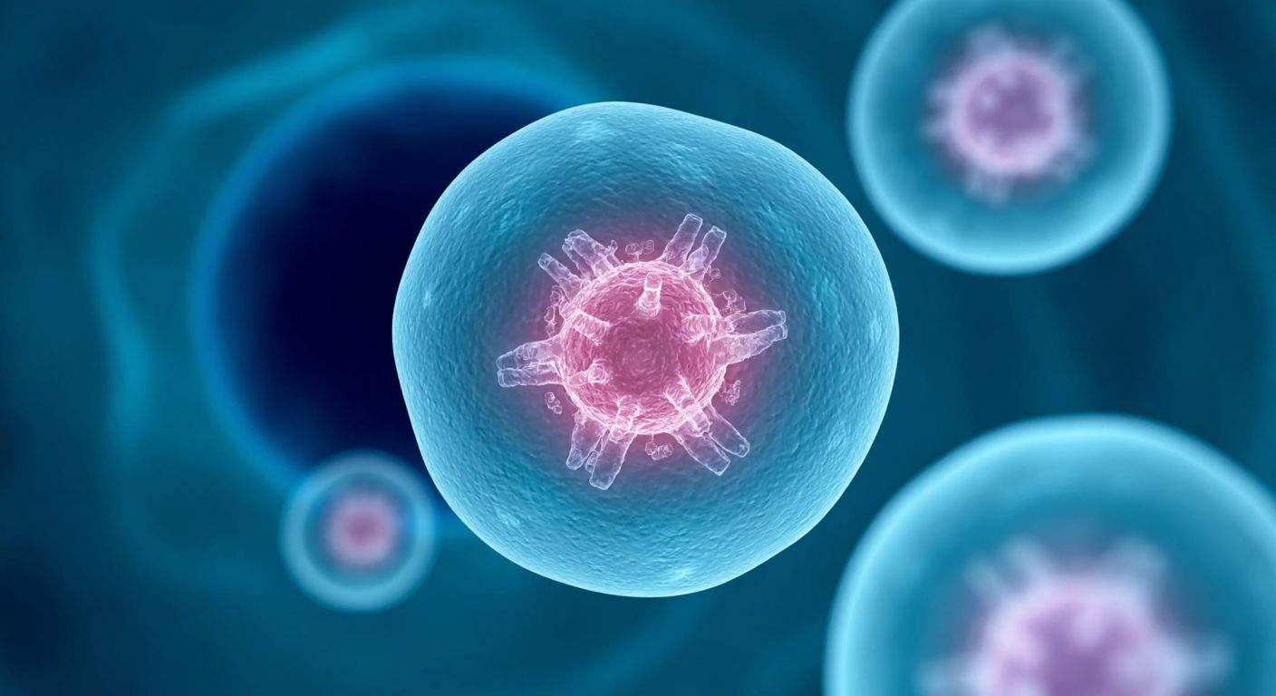 A vibrant, translucent eukaryotic cell floating in a soft blue fluid, with its nucleus glowing faintly as tiny strands of DNA replicate and organelles prepare for division.