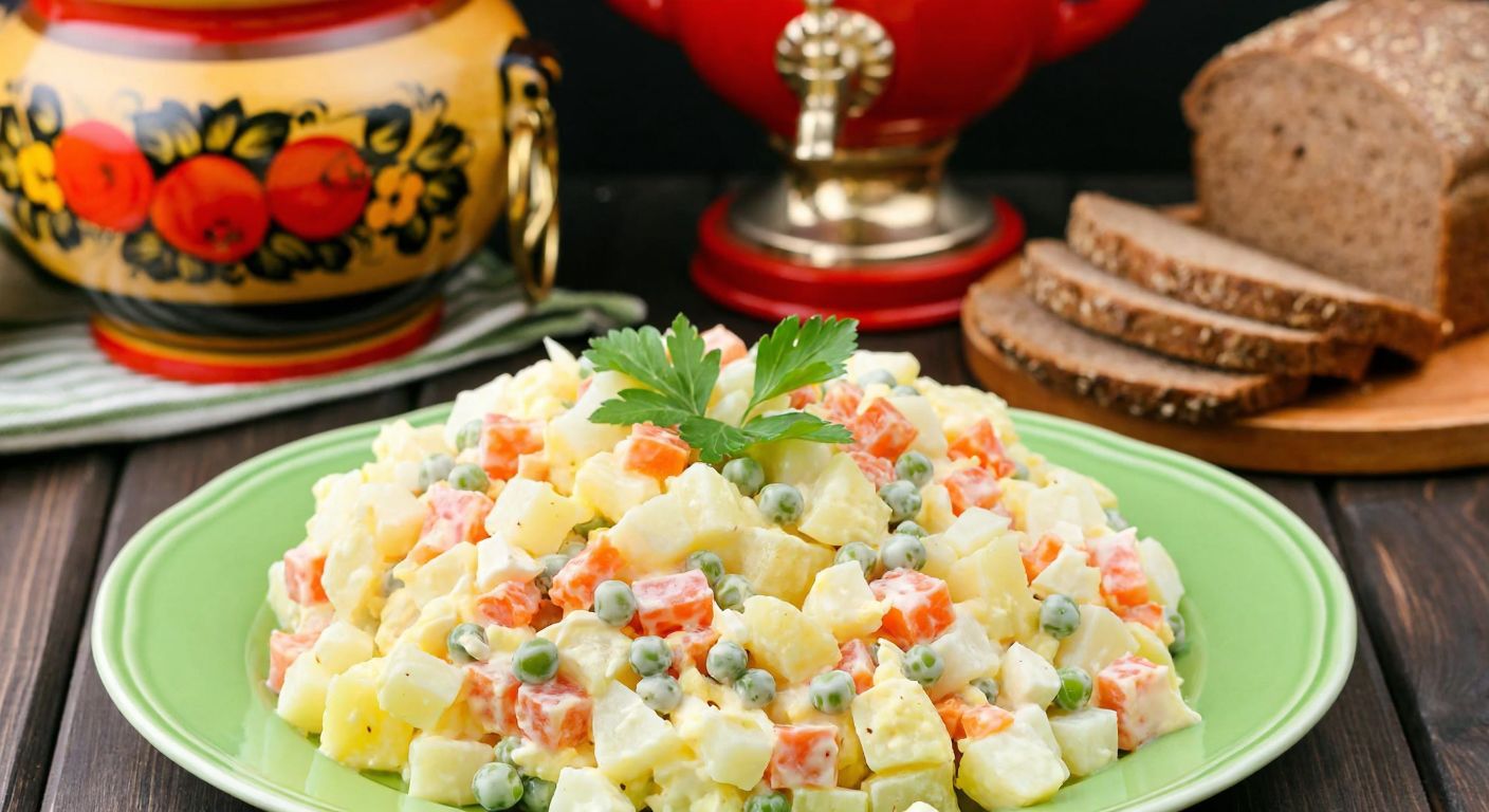 A vibrant plate of Russian salad with diced potatoes, carrots, peas, and mayonnaise, placed on a rustic wooden table with a backdrop of a traditional Russian samovar and a loaf of dark rye bread.