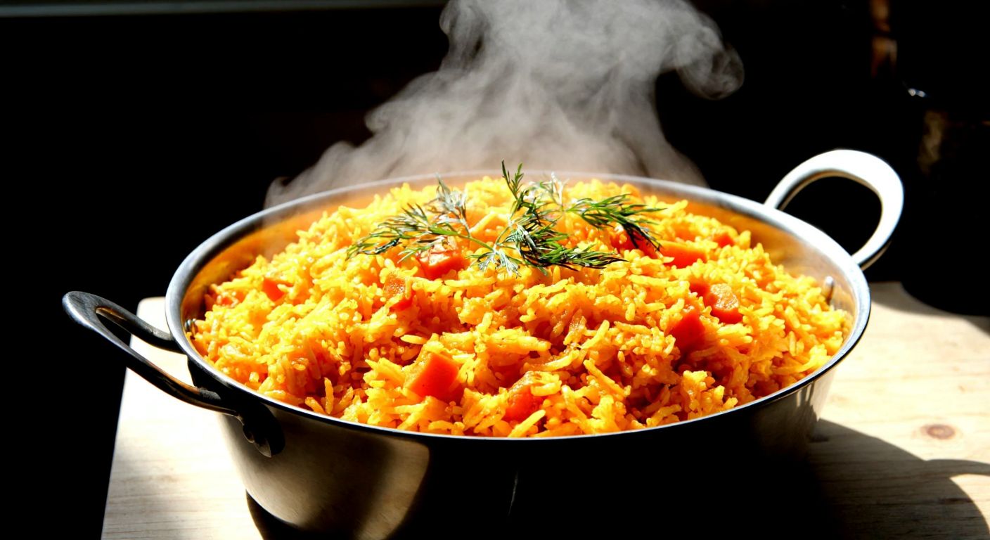 A steaming pot of golden carrot pilaf with grated orange carrots, fluffy white rice, and a sprinkle of fresh dill, resting on a wooden table in a sunlit Turkish kitchen.