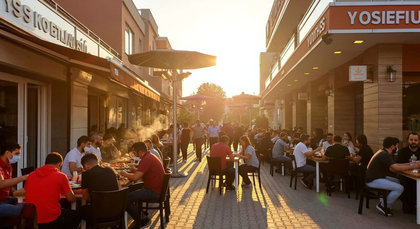 A bustling street in Sepetlipınar Mahallesi, Başiskele, with a vibrant Köfteci Yusuf restaurant serving sizzling köfte on skewers, surrounded by locals chatting and enjoying the meal under a warm, sunlit sky.
