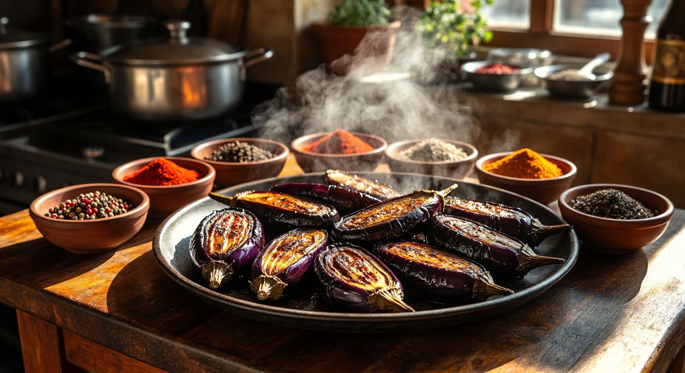 A rustic wooden table in a Turkish kitchen holds a steaming plate of charred eggplant, surrounded by small bowls of vibrant red pepper flakes, black pepper, cumin, thyme, sumac, and black cumin, with a warm golden light casting cozy shadows.