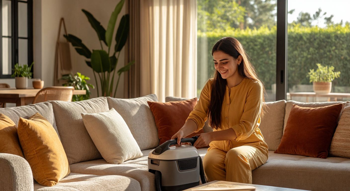 A Turkish woman in a cozy living room smiles while using a compact upholstery cleaning machine on a plush sofa, surrounded by neatly arranged cushions and a warm, sunlit interior.