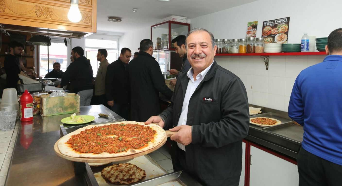 A bustling lahmacun shop in Çorum with a proud middle-aged Turkish man, Fuat Demirel, smiling warmly behind a counter as he serves freshly baked lahmacun to eager customers.