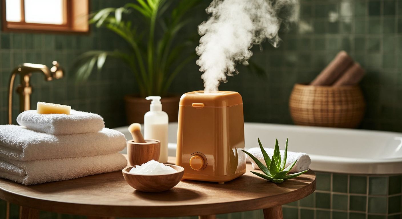 A warm, honey-colored roll-on wax machine sits on a wooden table in a cozy Turkish bathroom, with steam gently rising from its nozzle, surrounded by soft towels and a small bowl of soothing aloe vera gel.