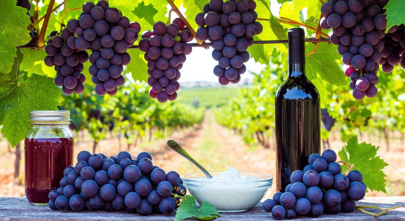 A sunlit Turkish vineyard with plump purple grapes hanging from vines, surrounded by jars of grape juice, a bottle of wine, and a bowl of yogurt with a spoon, evoking freshness and natural flavor.