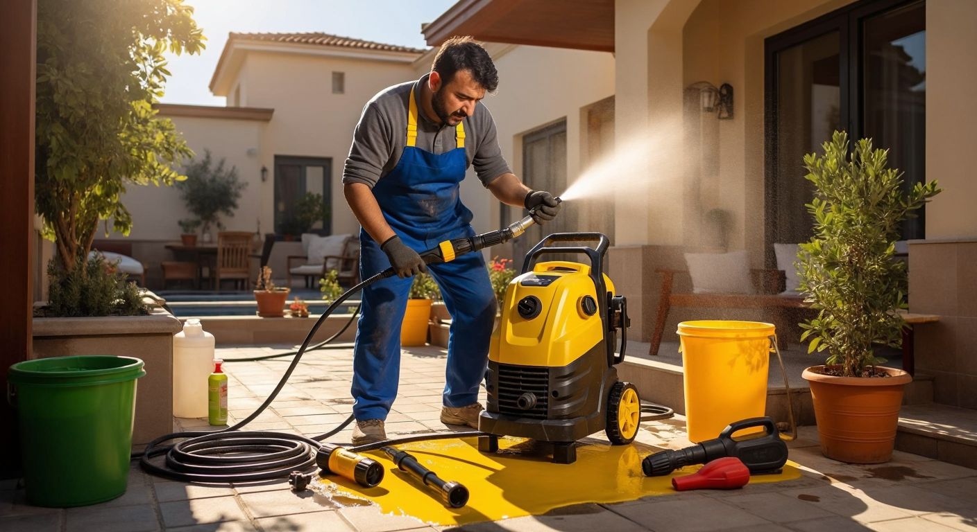 A Turkish man in a blue apron carefully examines a sturdy yellow pressure washer with various nozzles laid out on a sunlit patio, surrounded by buckets and cleaning tools.