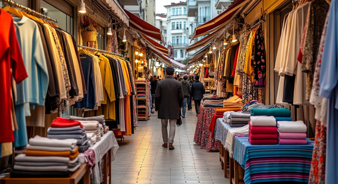 A vibrant Turkish marketplace scene with colorful racks of stylish clothing, modern home textiles, and sleek gadgets displayed under warm lights, surrounded by eager shoppers examining the latest trends.