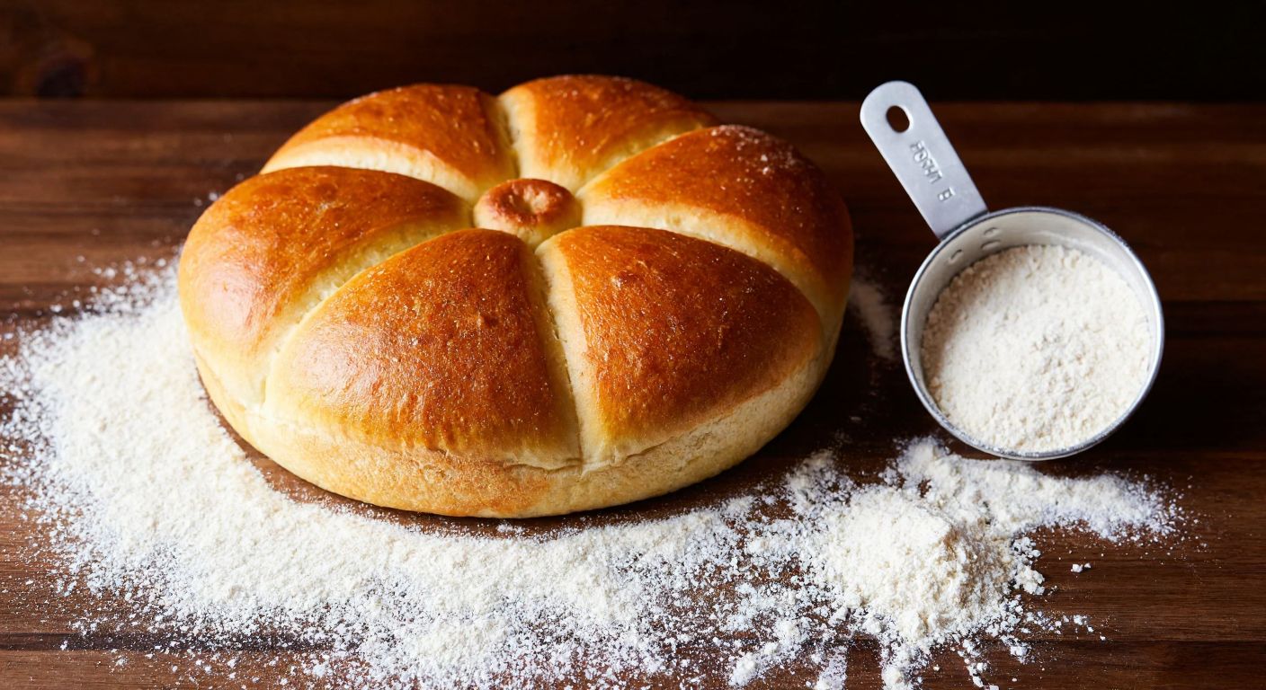 A warm, golden-brown loaf of çiçek ekmeği resting on a wooden table, surrounded by scattered flour and a measuring cup filled with white wheat flour, evoking a cozy Turkish kitchen.