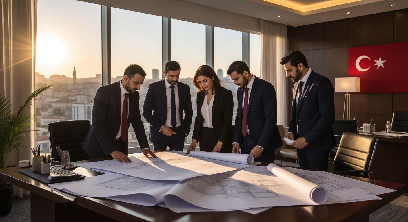 A group of Turkish professionals in formal attire reviewing blueprints and construction documents in a well-lit government office, with a city skyline visible through the window.
