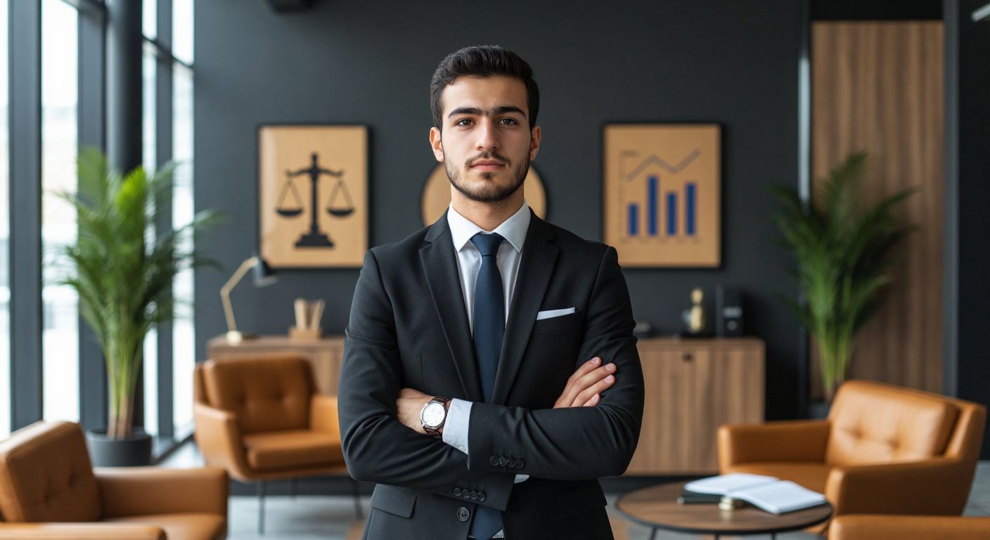 A confident young Turkish professional in a modern office setting, dressed in business attire, stands at a crossroads with symbolic paths leading to diverse career options like a gavel (law), a financial chart (banking), and a counseling couch (psychology).  

(Note: The gavel, chart, and couch are stylized as abstract representations, not literal objects with labels.)