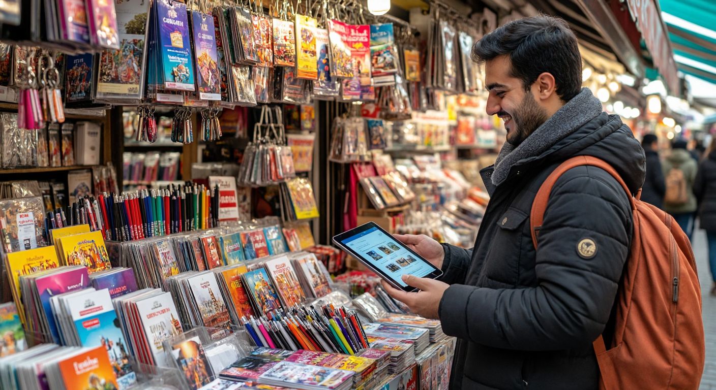 A vibrant Turkish bazaar stall overflowing with colorful brochures, glossy catalogs, and branded promotional items like pens and keychains, while a smiling vendor hands a digital tablet displaying a social media ad to a curious customer.