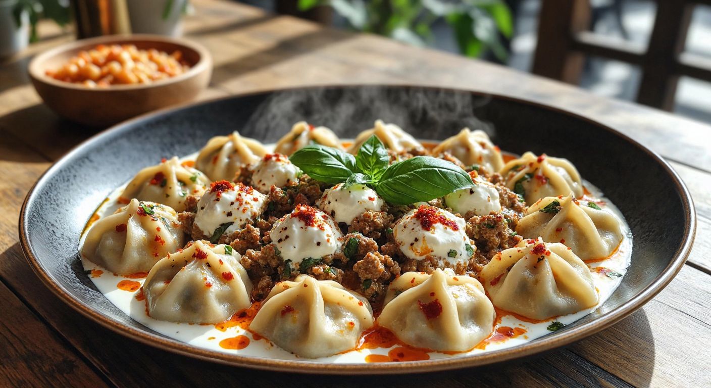 A steaming plate of Bodrum-style manti, with delicate dumplings filled with spiced minced meat, drizzled with garlic yogurt, melted butter, and sprinkled with red pepper flakes, garnished with fresh basil leaves, set against a rustic wooden table in a sunlit Turkish kitchen.