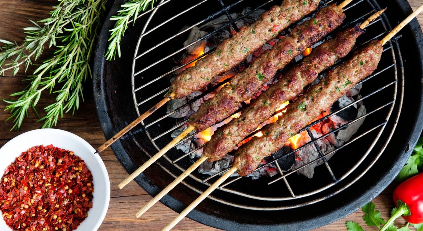 A rustic Turkish kitchen with a sizzling skewer of spiced minced meat grilling over glowing embers, surrounded by fresh thyme sprigs and a bowl of vibrant red pepper flakes.