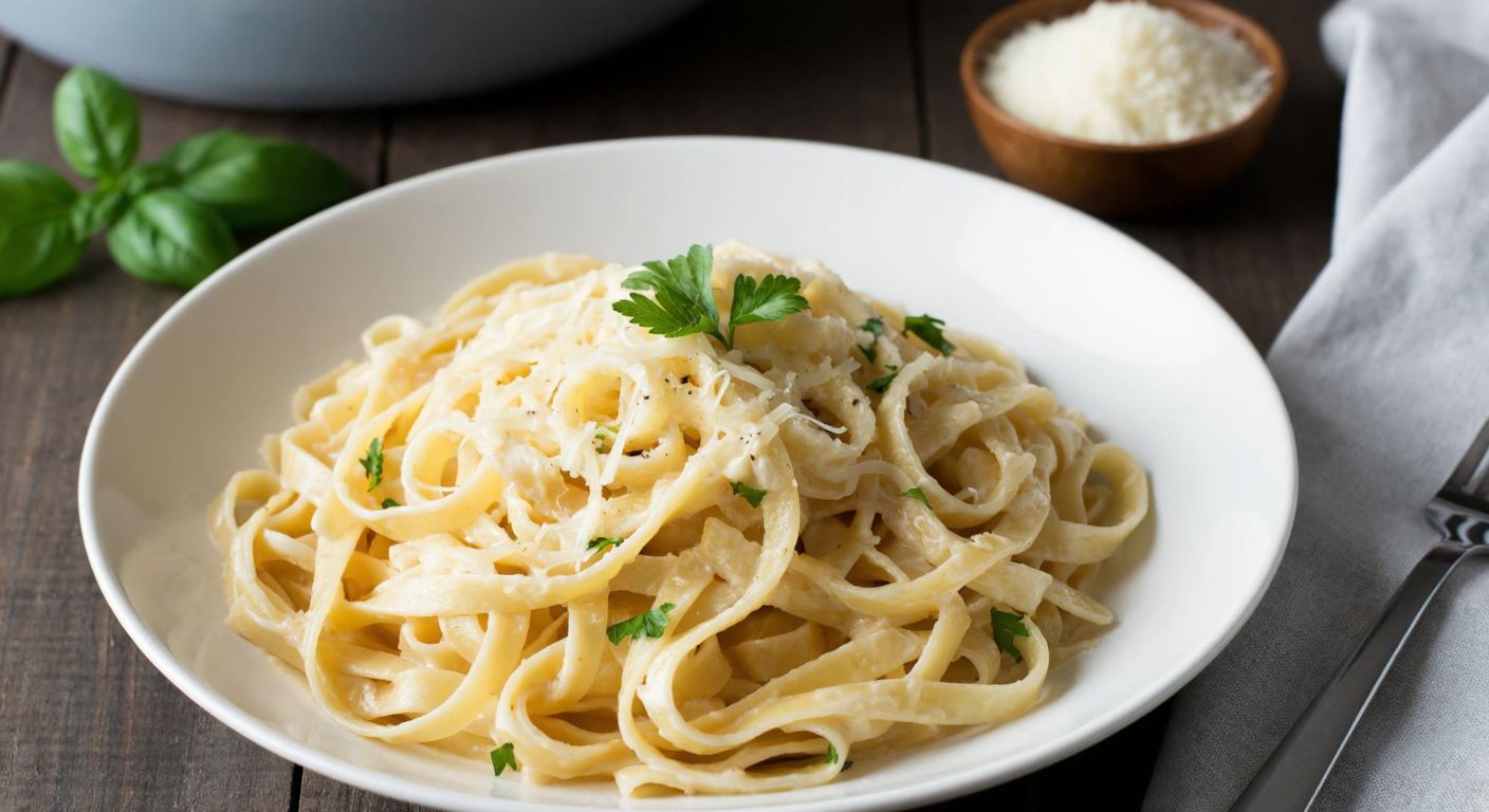A steaming plate of creamy cheese-coated fettuccine pasta, garnished with fresh parsley, sits on a rustic wooden table beside a bowl of grated cheese and a sprig of basil, evoking warmth and comfort.